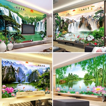 Chinese style Yingke pine landscape bamboo and wood fiberboard background wall painting running water and making money High-gloss board border modeling wall panel