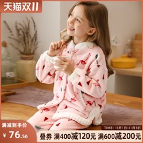 Childrens coral velvet pajamas autumn and winter girls flannel little girl middle-aged childrens home clothing suit thickened
