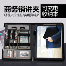 Multi-function charging leather manager folder Custom logo Practical folder with charging treasure Signing this business sales contract Real estate negotiation single folder pad folder board Office stationery supplies