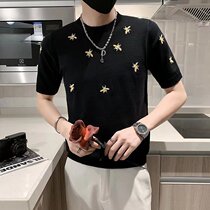 Spring and summer tide men personally with knit shirts in summer baby bee embroidered round-neck short-sleeved T-shirt men
