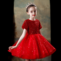 Childrens dress Red Girls Birthday princess Dress Little host piano performance suit Flower girl catwalk tutu summer