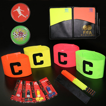 Referee supplies red and yellow cards pick side money whistling flag captain armband football match referee patrol flag