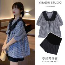 Maternity summer suit Thin short-sleeved dress sub-top net red loose age reduction two-piece set fashion small man