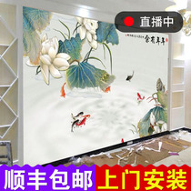 Chinese TV wall background wall paper 2021 new self-adhesive living room sofa canvas hand-painted ink lotus 3d
