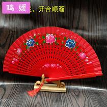 Dance fan red fan solid wood fan bone opening and closing smooth double-sided fan cheongsam stage catwalk performance folding fan