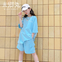 Childrens sports suit summer 2021 new childrens clothing middle and large boys and girls Western style short-sleeved shorts two-piece set tide