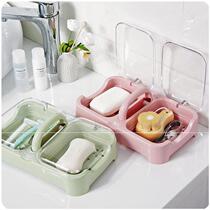 Bathroom soap box with lid Creative double grid drain soap box large toilet portable