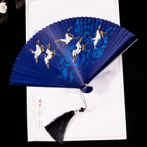 Chinese style full bamboo fan Carved hollow Japanese ancient style men and women folding fan Crane Classical Hanfu small dance