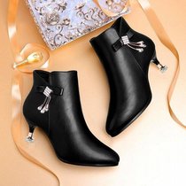 Autumn and winter New soft leather boots short tube plus velvet short boots Womens thin heel pointed wind high heel nude boots