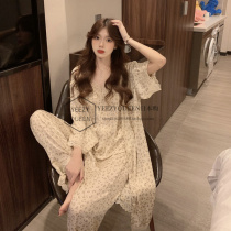 Japan GP spring and summer BAO WEN ice silk suspender long-sleeved nightgown sexy pajamas womens home clothes three-piece set