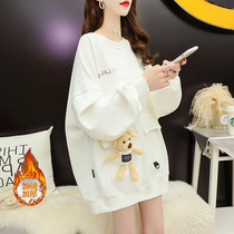 Large size womens 2021 new autumn and winter Bear cartoon sweater plus velvet padded Lady age-reducing Joker fat mm top