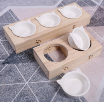 Cat bowl ceramic double bowl solid wood protection cervical vertebra anti-knock three bowls tilt Cat Basin ceramic cat bowl