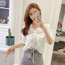 Short bubble sleeve top womens 2021 new summer Korean version pleated lace-up short-sleeved shirt thin sweet shirt
