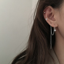 Pure Silver Star Moon Asymmetric Ear Line Double Ear Hole Sweet and Fresh Ear Nail Mesh Red Streaming Suear Pendant Womens Ear Accessories