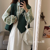 Single set autumn Korean version of loose female students long sleeve plaid shirt tooling vest a-shaped skirt three-piece set