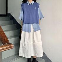 (Three-piece set) pullover vest vest short sleeve plaid shirt high waist skirt summer suit female students