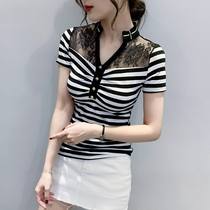 European station summer clothes new sexy striped V-neck T-shirt womens short-sleeved lace stitching Western style slim-fit top small shirt trend