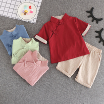 Boys short-sleeved retro cotton hemp Hanfu Childrens Summer Ethnic Style Set Male Baby Chinese Style Tong Tang Dress