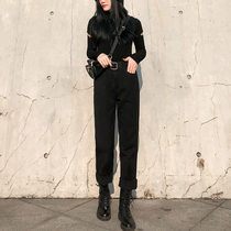 Black jeans womens straight loose spring and autumn 2021 New Korean version of high waist slim tall casual dad pants