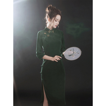 Dark green cheongsam 2021 new autumn young long sleeve retro old Shanghai improved long dress