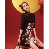 National tide cheongsam young 2021 new item girl improvement black Chinese style dress retro short female summer