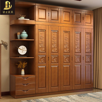 Solid wood wardrobe log full solid wood 3 4 5 6 doors oak Chinese bedroom wooden wardrobe flat door large wardrobe