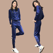 European station knitted shiny silk sports suit women 2021 Autumn New slim fashion sweater casual pants two-piece set