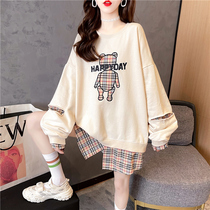 Little bear Weiyi female spring and autumn thin fat mm large size cover belly slim long plaid splicing fake two blouses