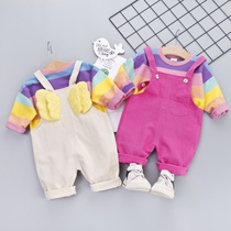 2020 new foreign style childrens suit girls spring dress small children Rainbow long sleeve wings strap pants two-piece jz