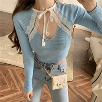 2021 summer Korean slim Joker fashion design sense long sleeve knitted short bottomed bow top tide