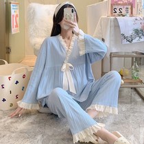 Pajamas Womens Spring and Autumn full long sleeves Japanese kimono cotton pure color princess style home clothes two-piece set