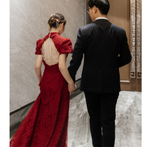 Qipao toast to the bride High level Engagement Wedding Dress Gown Dress Woman Wine Red Color Chinese Design Sensation Summer Fish Tail