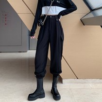 Black high-waisted casual overalls womens spring and autumn tie pants with Martin boots pants tide
