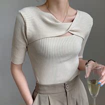  Knitted short-sleeved T-shirt womens summer 2021 Korean design sense niche two-wear slim western style all-match temperament top