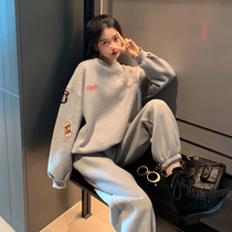 Leisure sports suit womens autumn and winter fashion age Net red fried street loose plus velvet padded sweater pants two-piece set