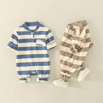 Male baby spring and autumn new clothes thin super cute foreign style out of Ha clothes baby cotton jumpsuit spring climbing clothes