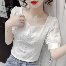 White square collar short-sleeved shirt womens summer French retro court style thin waist heart machine bubble sleeve short top
