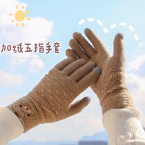 Cute cartoon winter gloves female wool thickened warm Korean student cotton plush five-finger touch screen cycling to prevent cold