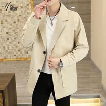HN autumn mens windbreaker long casual fashion Mens handsome loose single-breasted solid color coat coat