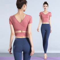 Professional high-end yoga clothing womens summer short sleeve quick-drying running gym sports suit Net red beauty back fitness clothing