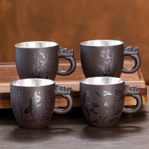 Silver Cup 999 sterling silver tea cup pure handmade purple sand liner gilt kung fu tea set with handle anti-hot Master Cup