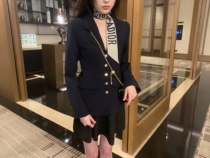 2021 early spring temperament small incense gold buckle Navy blue waist thin suit jacket Wild college style suit suit woman