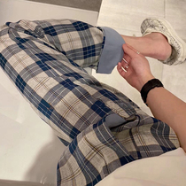  Blue plaid pants womens summer Korean version of high-waisted casual pants loose thin thin section small straight wide-legged pants