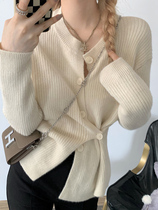 Inclined irregular knitted cardigan womens autumn and winter 2021 New slim design sense niche white sweater