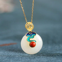 s925 silver painted enamel necklace female ethnic style retro burning blue Xiangyun Hetian jade peace buckle clavicle chain tide