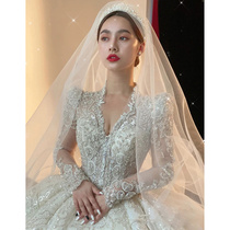 2021 new main wedding temperament bride wedding long-sleeved big tail high-end luxury heavy industry court little man