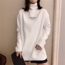 Pregnant women high neck long sleeve T-shirt medium length plus velvet padded Korean loose size fashion autumn and winter cotton top