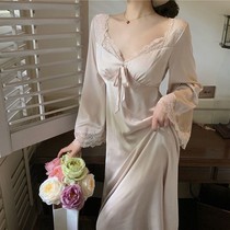 French court style nightgown Princess v collar lace bow ankle long dress fairy sweet elegant thin nightdress