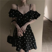 2021 summer retro Chic fashion temperament Polka dot suspender ruffle off-the-shoulder waist thin dress womens clothing