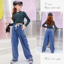 Girls wide leg pants 2021 new spring and autumn 9 Korean version 8 tooling 6 children 7 jeans trousers ten years old spring